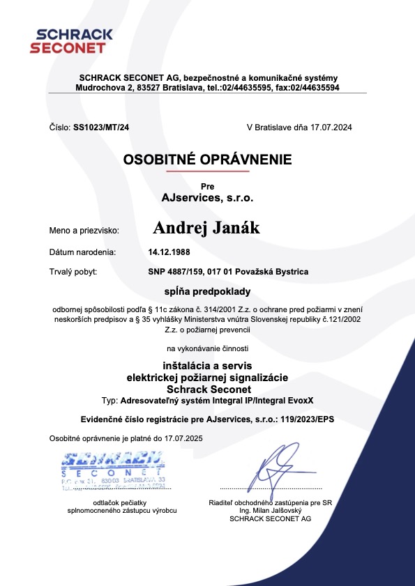 Oprávnenie na montáž a inštaláciu EPS SChrack Seconet Oprávnenie na montáž a inštaláciu EPS SChrack Seconet Andrej Janák, AJservices, s.r.o.