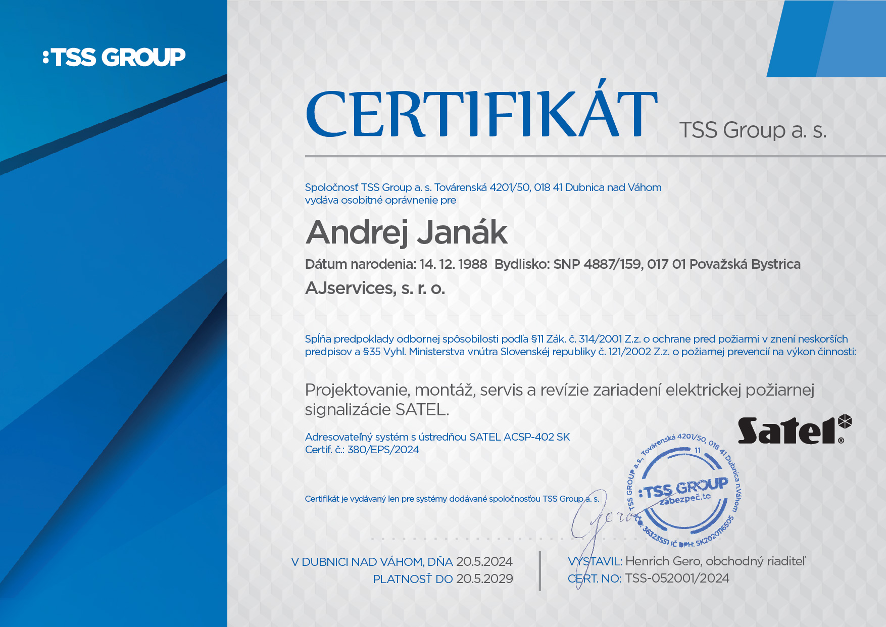 Certifikát EPS SATEL Andrej Janák AJservices, s.r.o.