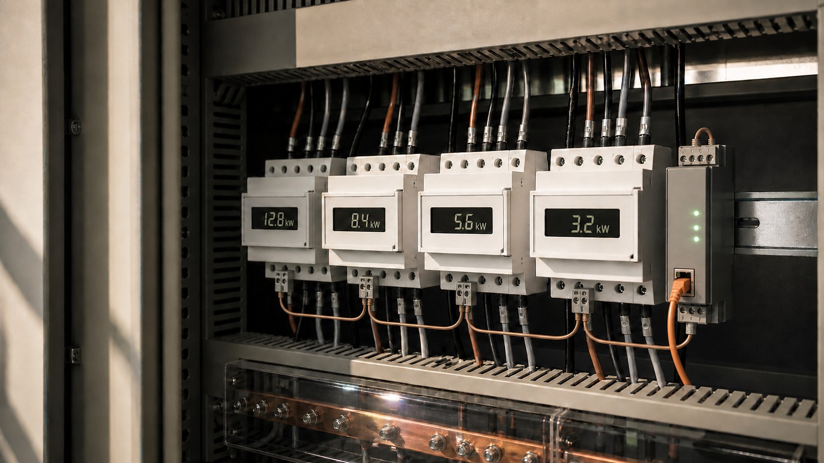 Podružné elektromery na DIN lište v rozvádzači s komunikačným modulom a medenou prípojnicou